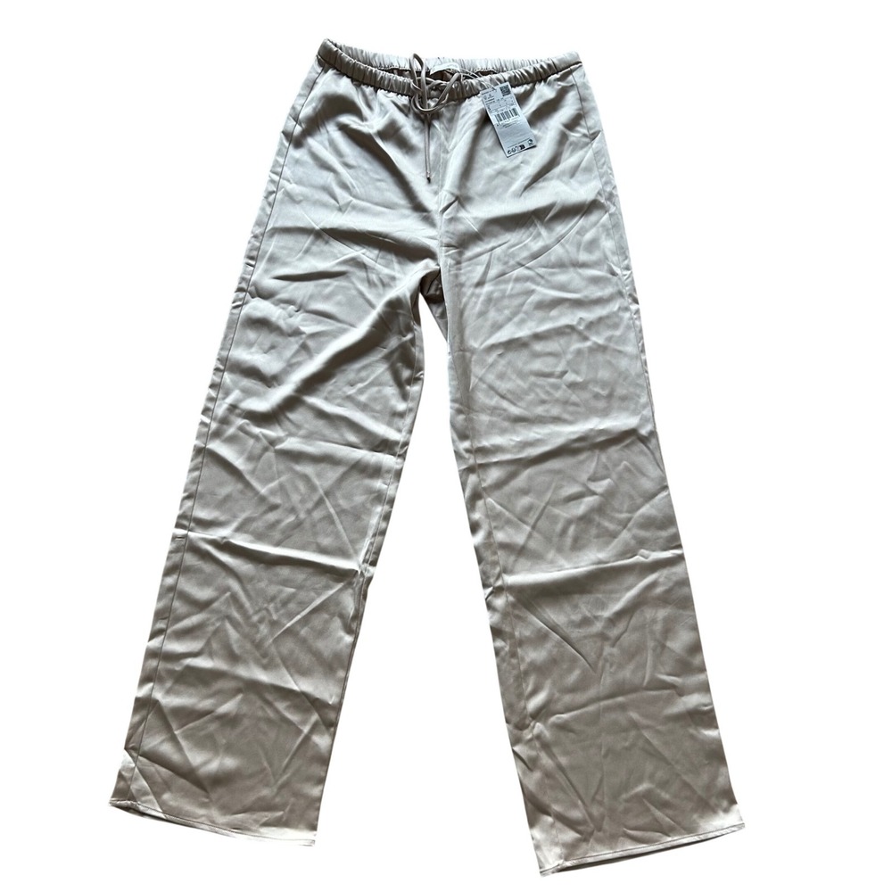 NWT Mango Satin Trousers Women S Beige Wide Leg Drawstring Pants Resortwear Airy - Picture 1 of 9
